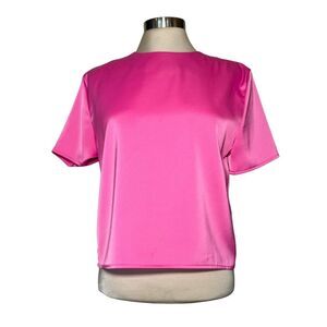 Nasty Gal Short Sleeve Satin Crop Top Blouse Relaxed Fit Barbie Pink 2